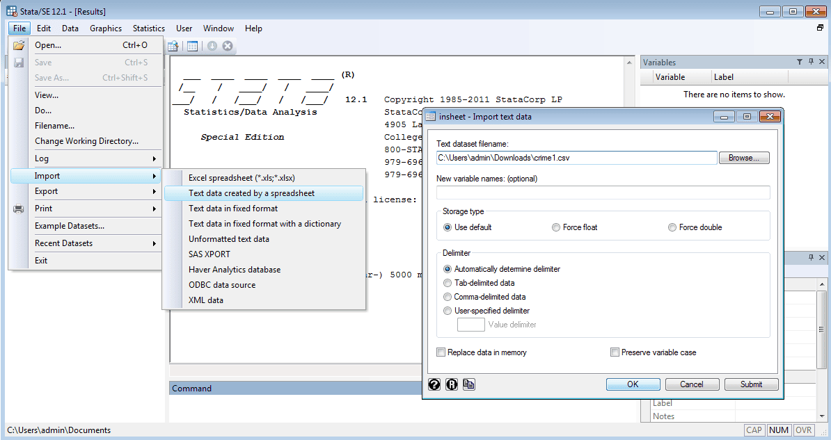 Select the insheet parameters in Stata